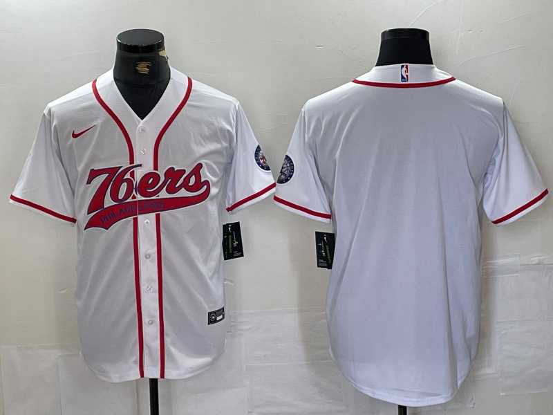 Mens Philadelphia 76ers Blank White With Patch Cool Base Stitched Baseball Jersey